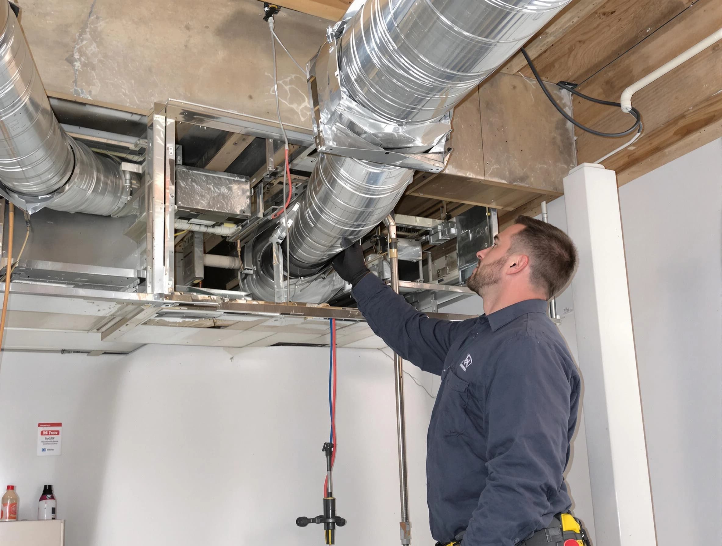 Blanchard Air Duct Cleaning technician performing professional air duct repair using specialized tools in Blanchard