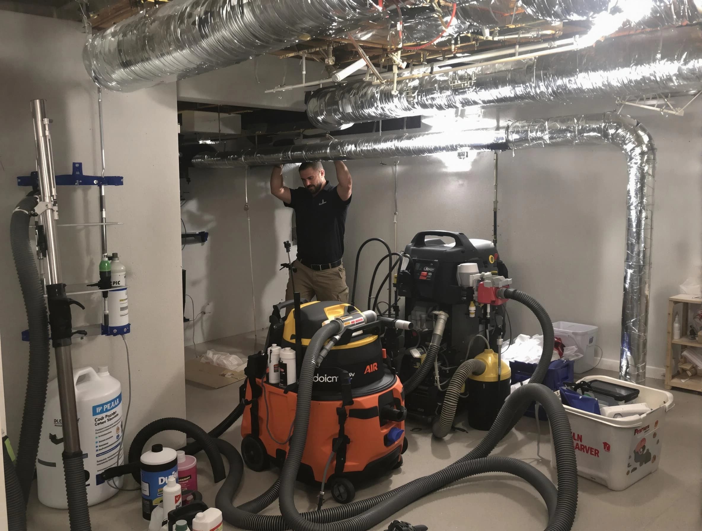 Blanchard Air Duct Cleaning specialist performing professional mold removal from air ducts using safety equipment in Blanchard